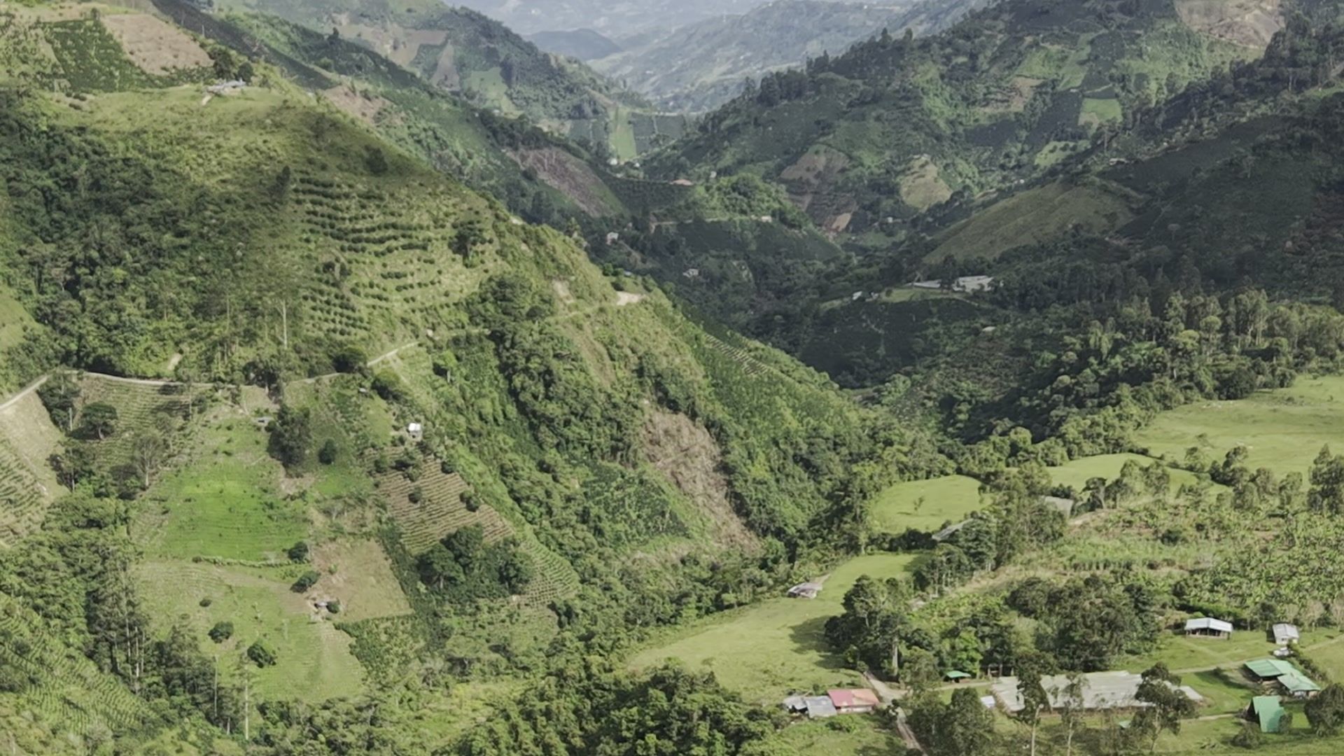 Vista aérea del valle de Vegonia: laderas en terrazas, un río y casas de finca bajo montañas en capas con neblina